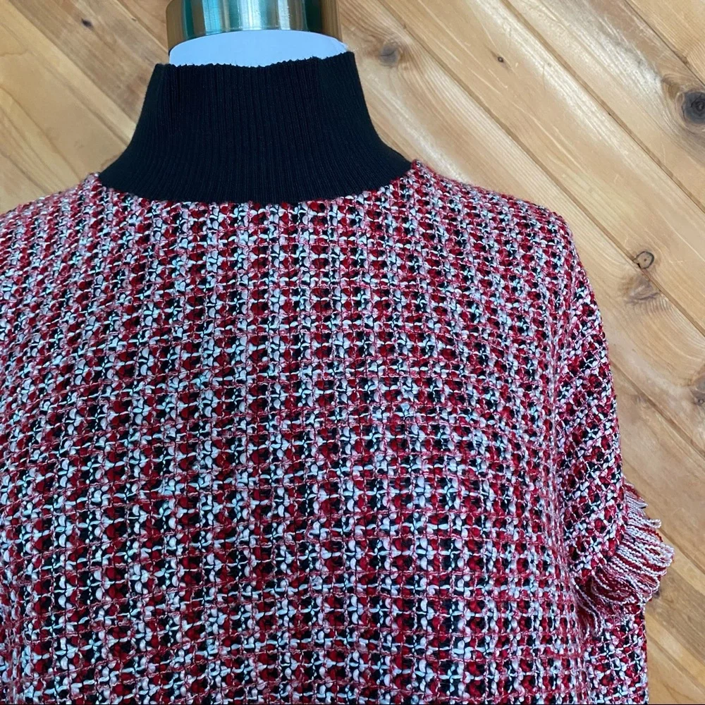 Zara Red Black Mock-Neck Tweed Fringe Pullover Sweater - Picture 4 of 9